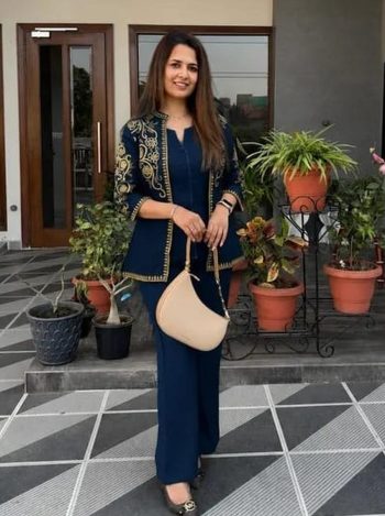 FANCY COTTON FLEX EMBROIDERY WORK CO-ORD SET NAVY BLUE