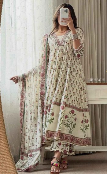 FANCY COTTON FLORAL PRINT , EMBROIDERY & SEQUENCE HAND WORK ANARKALI BOTTOM WITH DUPATTA WHITE AND PINK