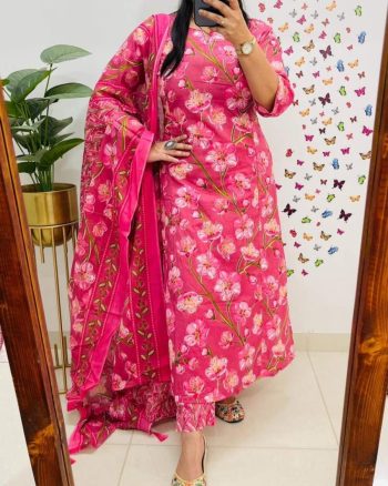 FANCY COTTON SLUB PRINTED WORK TOP BOTTOM WITH DUPATTA PINK