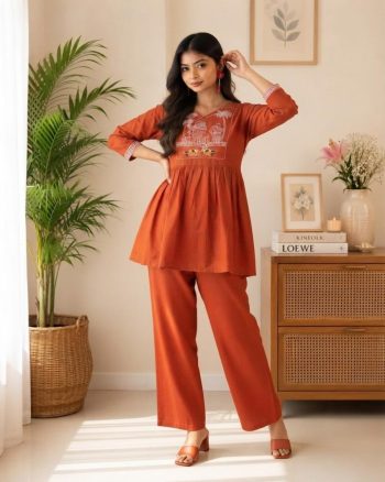 FANCY COTTON THREAD EMBROIDERY WORK TOP PENT SET ORANGE