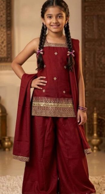 FANCY CREPE SEQUENCE  EMBROIDERY WORK KID'S TOP PALAZZO WITH DUPATTA RED