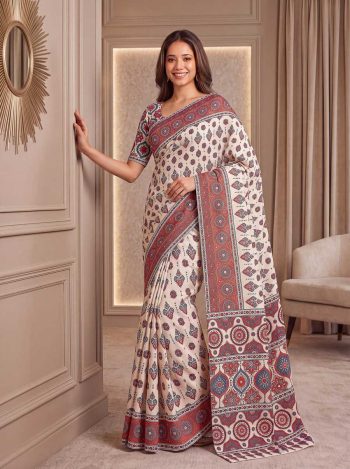 FANCY CREPE SILK DIGITAL AJHARAK PRINT WITH REAL MIRROR WORK SAREE WITH UNSTITCHED BLOUSE WHITE AND MAROON