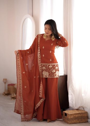 FANCY CRUNCHY SILK EMBROIDERY SEQUENCE AND JARI WORK TOP PALAZZO WITH DUPATTA  DUSTY ROSE