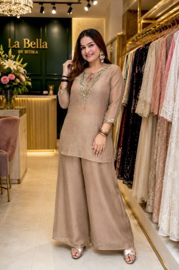 FANCY CRUNCHY SILK SEQUENCE AND ZARI WORK WITH GOLDEN HANGING WORK TOP BLOUSE AND PALAZZO SET CREAM