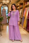 FANCY CRUNCHY SILK SEQUENCE AND ZARI WORK WITH GOLDEN HANGING WORK TOP BLOUSE AND PALAZZO SET LAVENDER