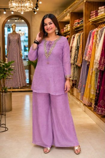 FANCY CRUNCHY SILK SEQUENCE AND ZARI WORK WITH GOLDEN HANGING WORK TOP BLOUSE AND PALAZZO SET LAVENDER