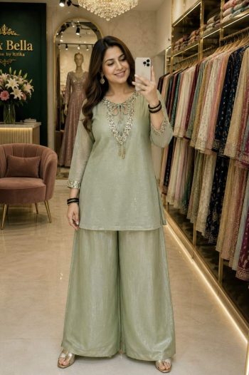 FANCY CRUNCHY SILK SEQUENCE AND ZARI WORK WITH GOLDEN HANGING WORK TOP BLOUSE AND PALAZZO SET PISTA