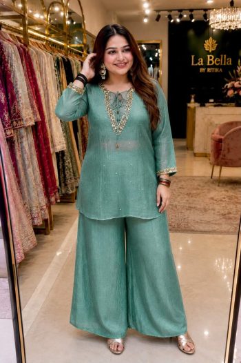 FANCY CRUNCHY SILK SEQUENCE AND ZARI WORK WITH GOLDEN HANGING WORK TOP BLOUSE AND PALAZZO SET RAMA
