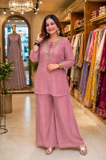 FANCY CRUNCHY SILK SEQUENCE AND ZARI WORK WITH GOLDEN HANGING WORK TOP BLOUSE AND PALAZZO SET BABY PINK