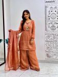 FANCY CRUSH SALSA SILK EMBROIDERY WORK WITH HAND STITCHED BEADS AND LATKAN WORK TOP PALAZZO WITH DUPATTA  CHIKU