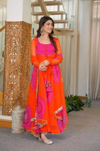 FANCY GEORGETTE DIGITAL PRINTED WORK GOWN BOTTOM WITH DUPATTA ORANGE