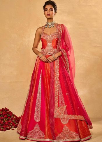 FANCY GEORGETTE EMBROIDERY SEQUENCE MULTI THREAD WORK LEHENGA CHOLI WITH DUPATTA ORANGE AND PINK