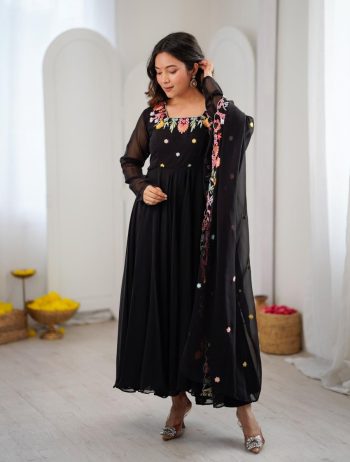FANCY GEORGETTE EMBROIDERY WORK GOWN BOTTOM WITH DUPATTA BLACK