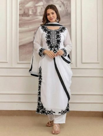 FANCY GEORGETTE EMBROIDERY WORK TOP BOTTOM WITH DUPATTA BLACK AND WHITE