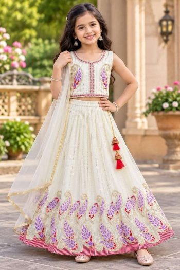 FANCY GEORGETTE MULTI EMBROIDERY  WITH SEQUENCE WORK LEHENGA CHOLI WITH DUPATTA OFF WHITE