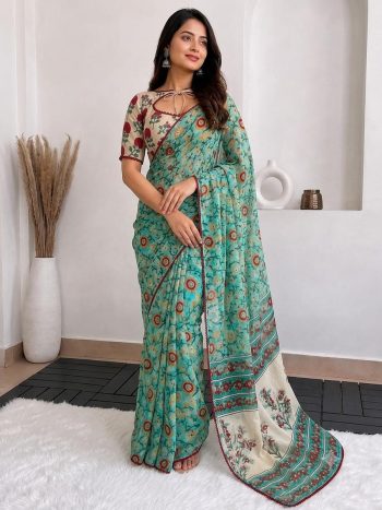 FANCY GEORGETTE PRINTED MIRROR WORK WITH OUTING & LACE WORK SAREE WITH UNSTITCHED BLOUSE GREEN