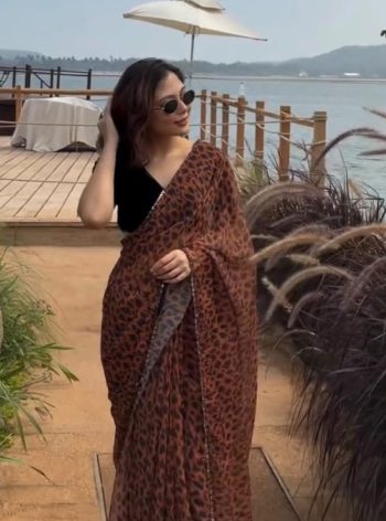 FANCY GEORGETTE PRINTED WITH SEQUENCE GOTA BORDER WORK SAREE WITH UNSTITCHED BLOUSE BROWN AND BLACK