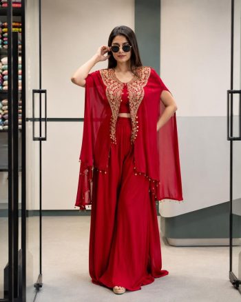 FANCY GEORGETTE SEQUENCE & ZARI EMBROIDERY WORK  PALAZZO BLOUSE AND JACKET RED