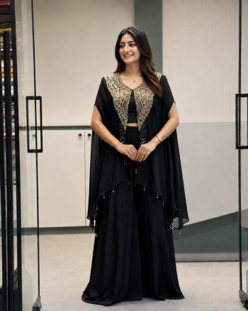 FANCY GEORGETTE SEQUENCE & ZARI EMBROIDERY WORK  PALAZZO BLOUSE AND JACKET BLACK