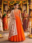 FANCY GEORGETTE SILK MAGGAM AND BEADS WORK GOWN WITH DUPATTA ORANGE