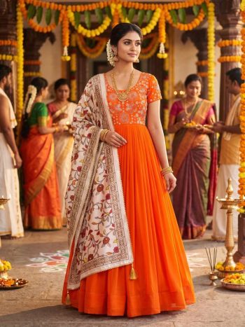 FANCY GEORGETTE SILK MAGGAM AND BEADS WORK GOWN WITH DUPATTA ORANGE