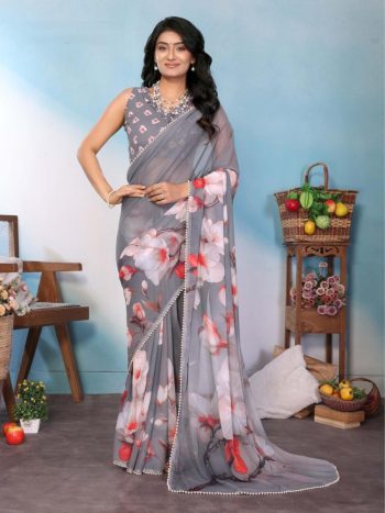 FANCY GEORGETTE SILK PRINTED WITH MOTI LACE BORDER SAREE WITH UNSTITCHED BLOUSE GREY