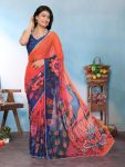 FANCY GEORGETTE SILK PRINTED WITH MOTI LACE BORDER SAREE WITH UNSTITCHED BLOUSE ORANGE AND BLUE