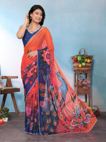FANCY GEORGETTE SILK PRINTED WITH MOTI LACE BORDER SAREE WITH UNSTITCHED BLOUSE ORANGE AND BLUE