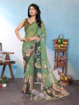 FANCY GEORGETTE SILK PRINTED WITH MOTI LACE BORDER SAREE WITH UNSTITCHED BLOUSE PISTA
