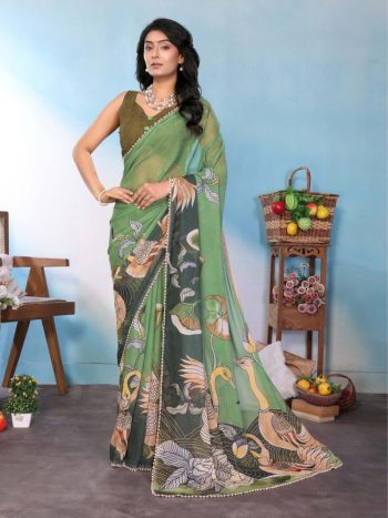 FANCY GEORGETTE SILK PRINTED WITH MOTI LACE BORDER SAREE WITH UNSTITCHED BLOUSE PISTA