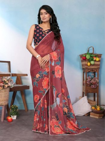 FANCY GEORGETTE SILK PRINTED WITH MOTI LACE BORDER SAREE WITH UNSTITCHED BLOUSE GAJARI