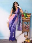 FANCY GEORGETTE SILK PRINTED WITH MOTI LACE BORDER SAREE WITH UNSTITCHED BLOUSE PURPLE
