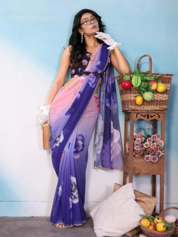 FANCY GEORGETTE SILK PRINTED WITH MOTI LACE BORDER SAREE WITH UNSTITCHED BLOUSE PURPLE