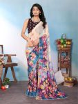 FANCY GEORGETTE SILK PRINTED WITH MOTI LACE BORDER SAREE WITH UNSTITCHED BLOUSE TEAL AND WHITE