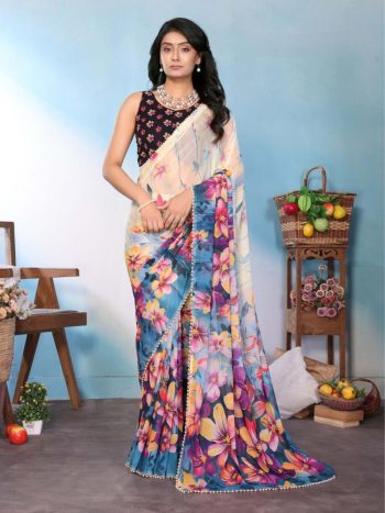 FANCY GEORGETTE SILK PRINTED WITH MOTI LACE BORDER SAREE WITH UNSTITCHED BLOUSE TEAL AND WHITE