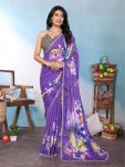FANCY GEORGETTE SILK PRINTED WITH MOTI LACE BORDER SAREE WITH UNSTITCHED BLOUSE PURPLE