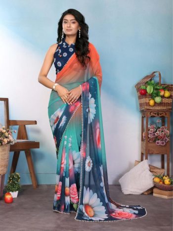FANCY GEORGETTE SILK PRINTED WITH MOTI LACE BORDER SAREE WITH UNSTITCHED BLOUSE RAMA