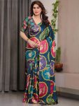 FANCY GEORGETTE SILK PRINTED WORK SAREE WITH UNSTITCHED BLOUSE TEAL