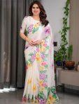 FANCY GEORGETTE SILK PRINTED WORK SAREE WITH UNSTITCHED BLOUSE WHITE PURPLE
