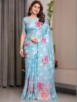 FANCY GEORGETTE SILK PRINTED WORK SAREE WITH UNSTITCHED BLOUSE SKY