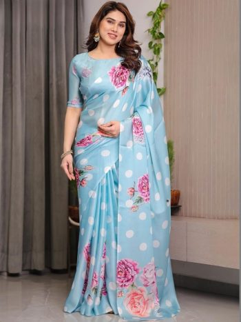 FANCY GEORGETTE SILK PRINTED WORK SAREE WITH UNSTITCHED BLOUSE SKY