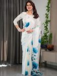 FANCY GEORGETTE SILK PRINTED WORK SAREE WITH UNSTITCHED BLOUSE WHITE BLUE