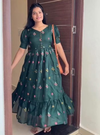 FANCY KOTA CHECKS EMBROIDERY WORK ONE PIECE DRESS DARK GREEN
