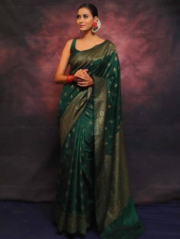 FANCY LICHI SILK WEAVING WORK SAREE WITH UNSTITCHED BLOUSE GREEN