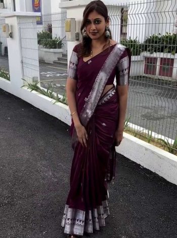 FANCY LICHI SILK WEAVING WORK SAREE WITH UNSTITCHED BLOUSE WINE