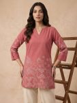 FANCY LINEN COTTON BLOCK-PRINT WORK TUNIC TOP PEACH