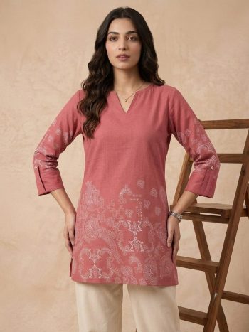 FANCY LINEN COTTON BLOCK-PRINT WORK TUNIC TOP PEACH