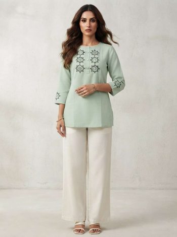 FANCY LINEN COTTON EMBROIDERY WORK ONLY TOP SEA GREEN