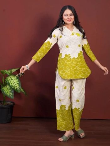 FANCY LINEN COTTON PRINT WORK CO-ORD SET GREEN