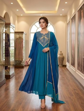 FANCY MUL CHANDERI CODING WITH SEQUENCE EMBROIDERY WORK TOP BOTTOM WITH DUPATTA BLUE